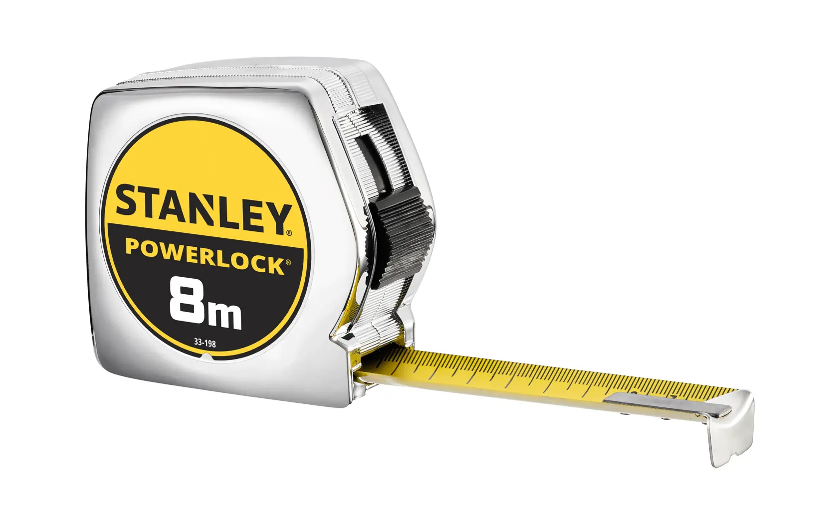 Foto des STANLEY 1-33-198 Maßbandes, PowerLock, 8m, gelbes Band, verchromtes Gehäuse, schräge Ansicht auf weiß.