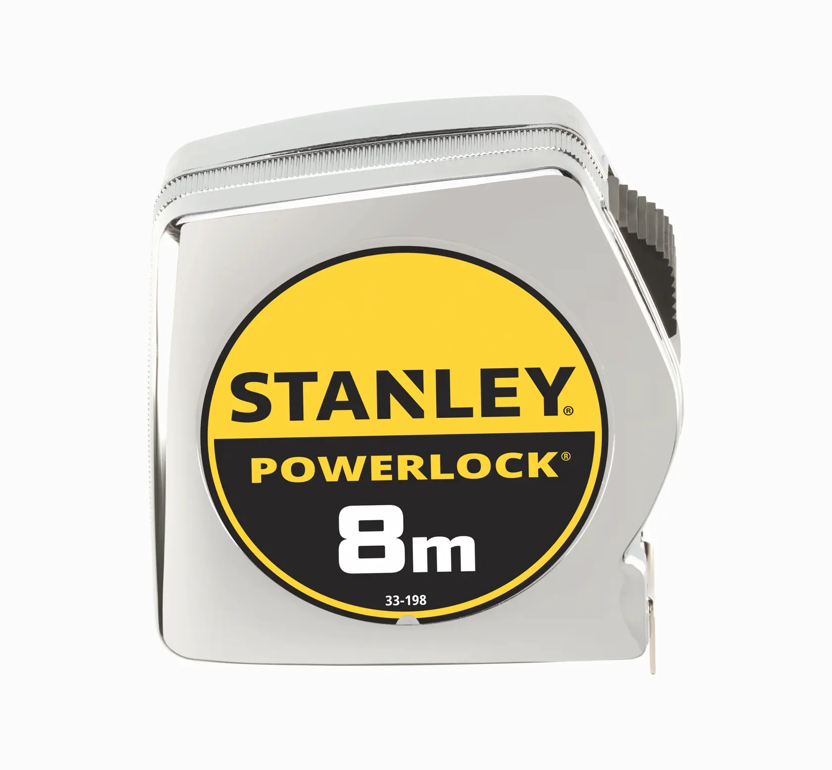 STANLEY 1-33-198 PowerLock Maßband, 8m, verchromtes Gehäuse, Vorderansicht, Produktfotografie.