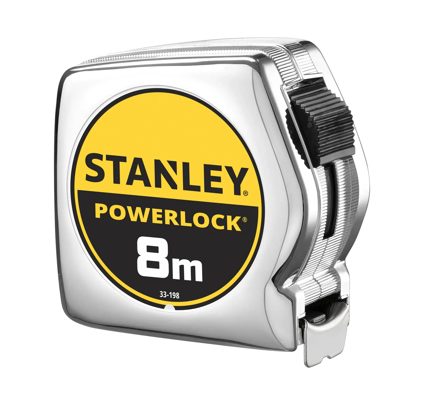 STANLEY 1-33-198 Maßband PowerLock 8m, Chromgehäuse, Produktfoto aus linker Ansicht.