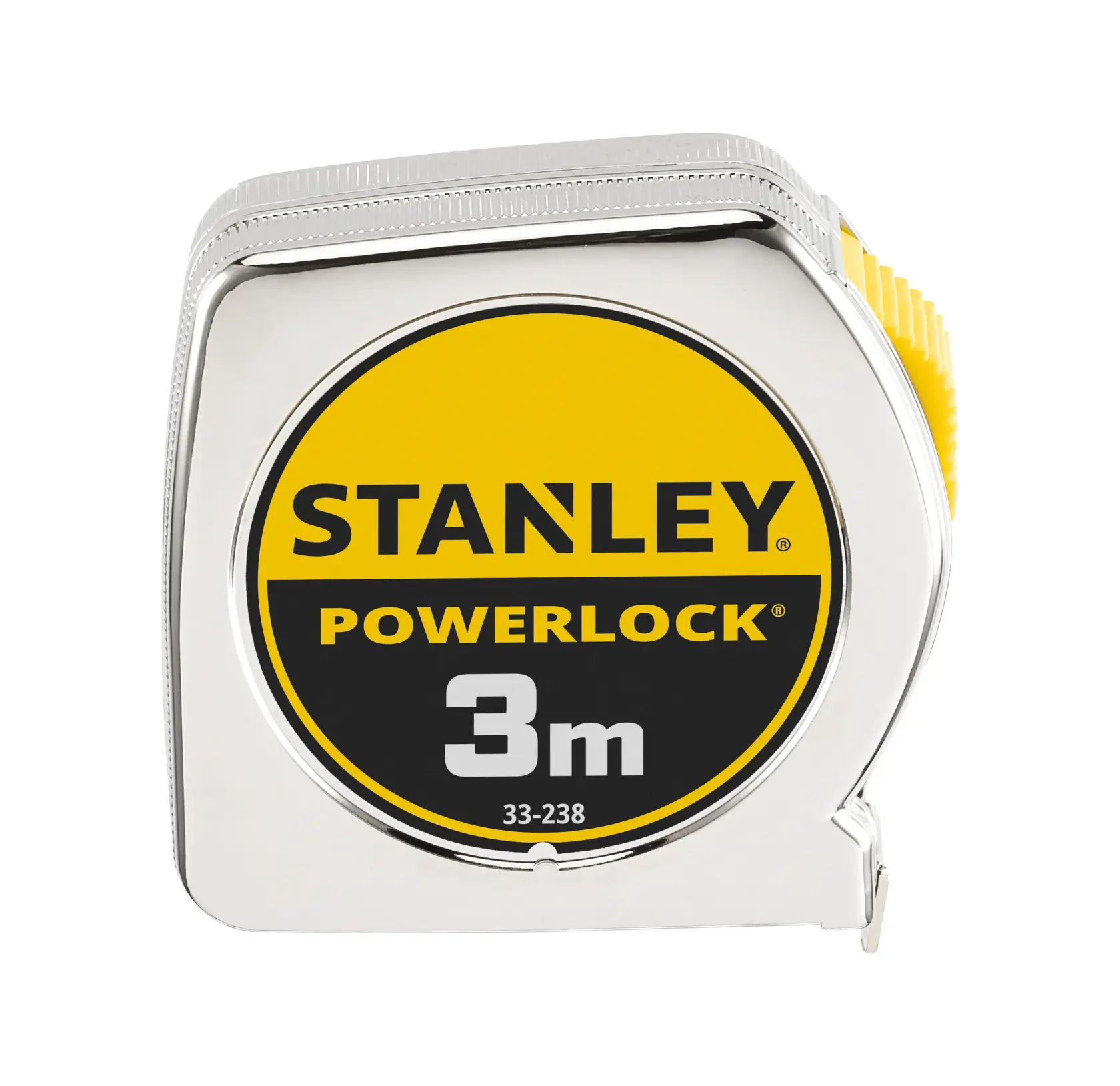STANLEY 1-33-238 Maßband, Powerlock Serie, 3m, Vorderansicht, gelbes und chromfarbenes Gehäuse.