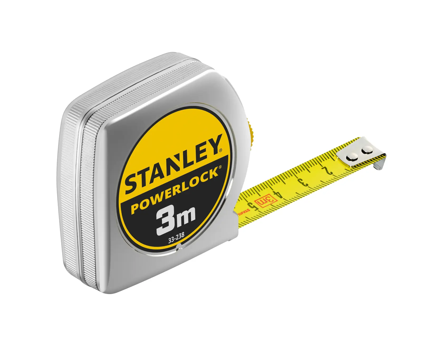 STANLEY 1-33-238 PowerLock Maßband, 3m, silber und gelb, Seitenansicht auf weißem Hintergrund.