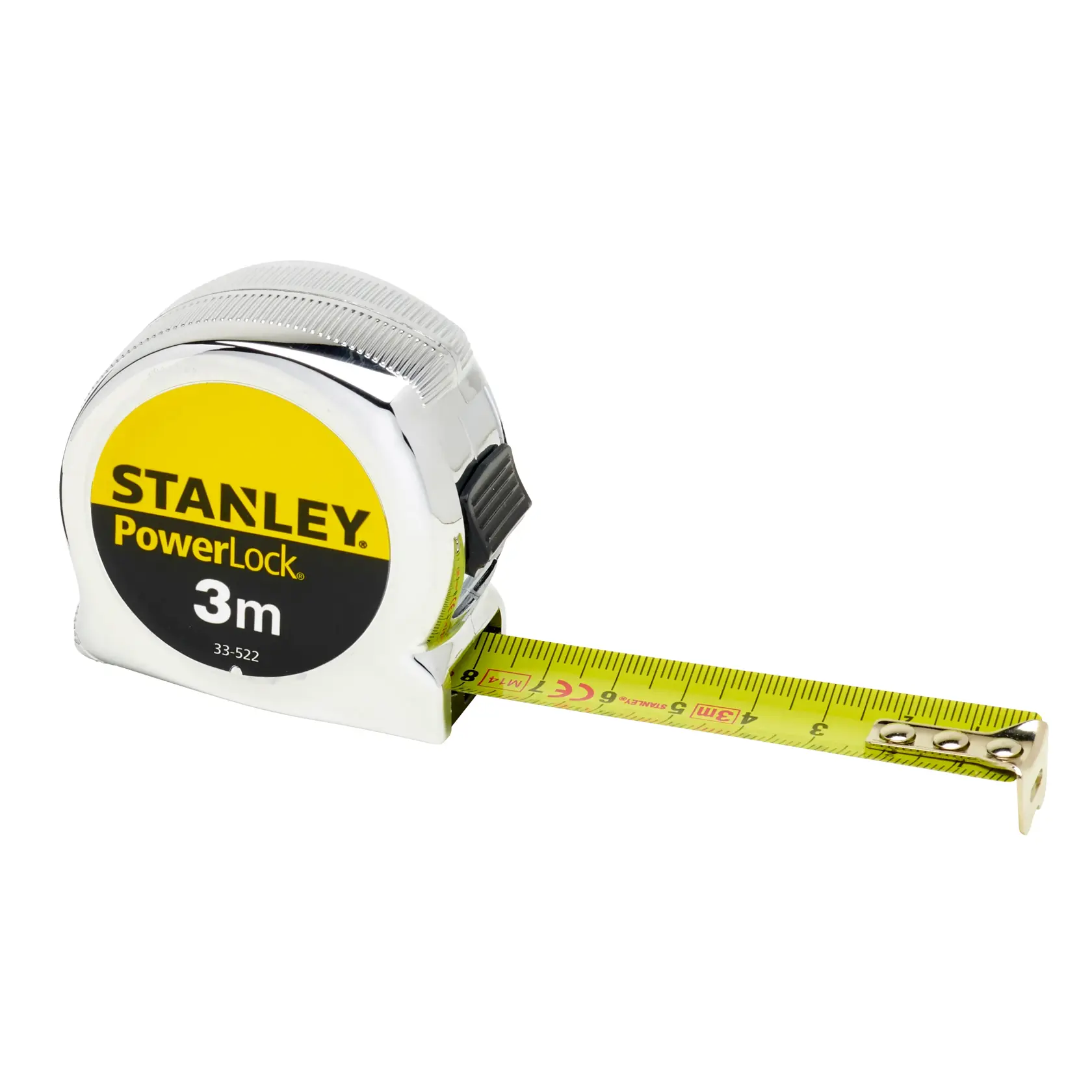 Stanley PowerLock 3m Maßband mit gelb-schwarzem Gehäuse und ausgezogenem Messband.