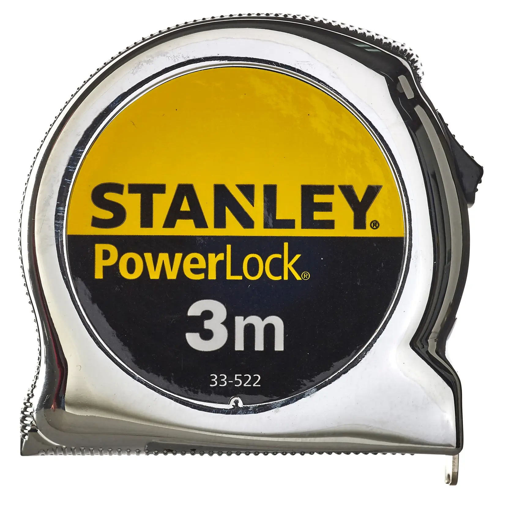 STANLEY 1-33-522 Maßband, PowerLock, 3m, Chromgehäuse, Frontansicht, Produktfotografie.