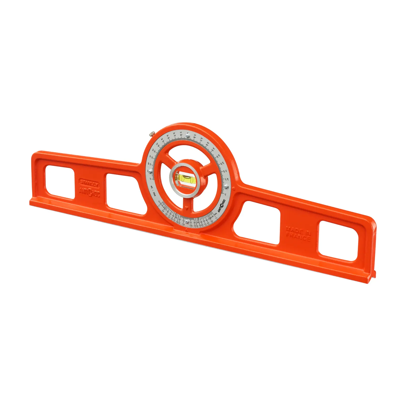 Orange Stanley Winkelwasserwaage mit Winkelmesser zum Messen von Winkeln und Nivellieren.