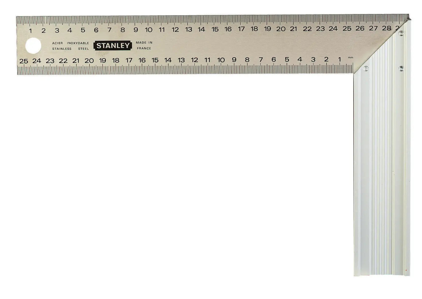 STANLEY 1-45-686 Anschlagwinkel mit Edelstahlmaß, klare metrische Markierungen, Draufsicht auf weißem Hintergrund.