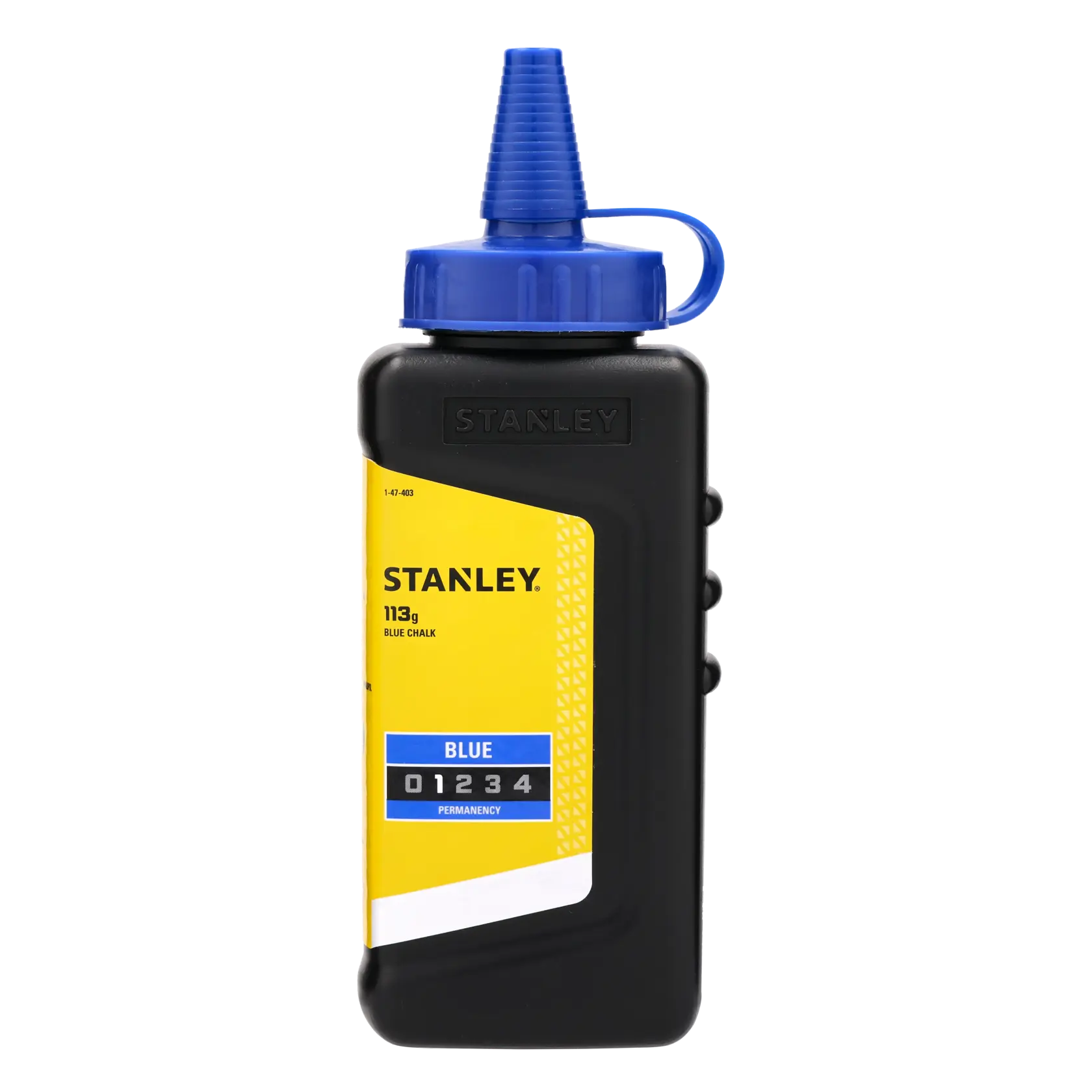 STANLEY 1-47-403 Flasche mit blauer Kreide, 113g, gelbes Etikett und blauer Deckel, Produktfoto auf weißem Hintergrund.