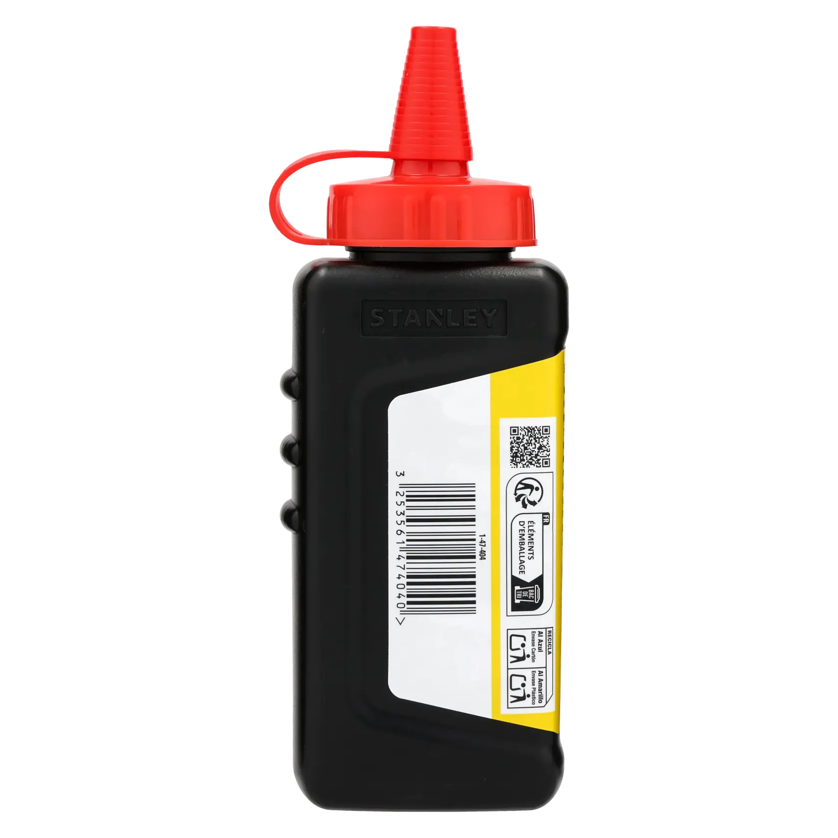 STANLEY 1-47-404 Flasche mit Markierungspulver, schwarzer Behälter mit roter Düse, Seitenansicht, Produktfotografie.