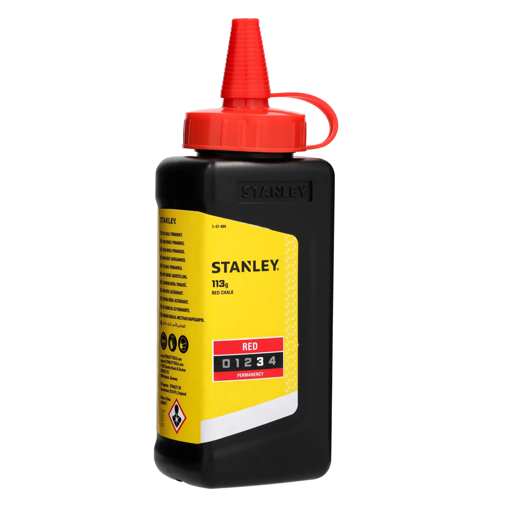 STANLEY 1-47-404 Flasche mit rotem Kreidepulver, 113g, Produktfoto schräg auf weißem Hintergrund.