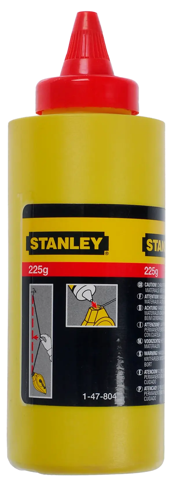 STANLEY 1-47-804 gelbe Kreidepulverflasche, 225g, mit rotem Deckel, Vorderansicht, zum Markieren von Linien.