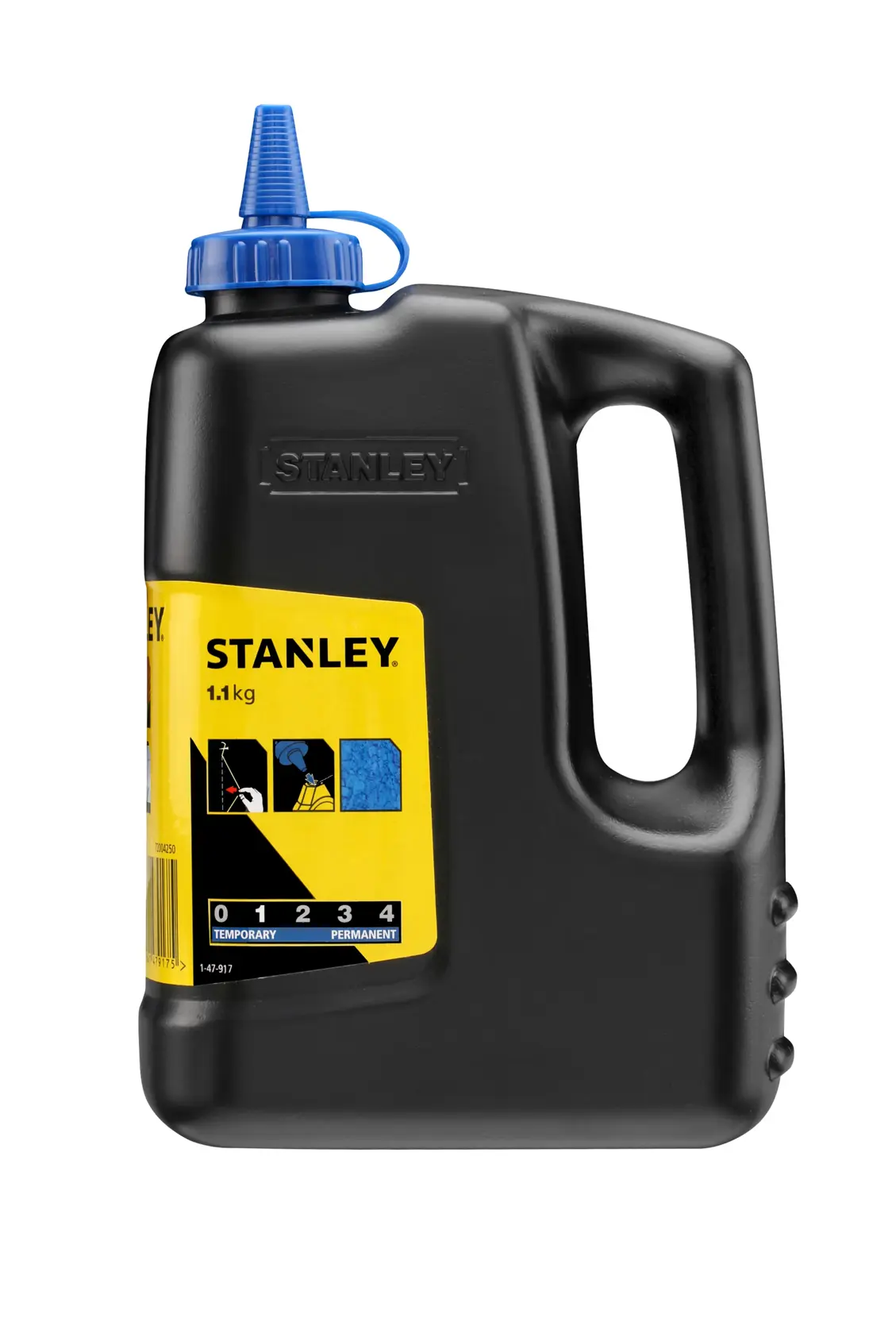 STANLEY 1-47-917 schwarze Kreidepulverflasche mit gelbem Etikett und blauem Deckel, Vorderansicht auf weißem Hintergrund.