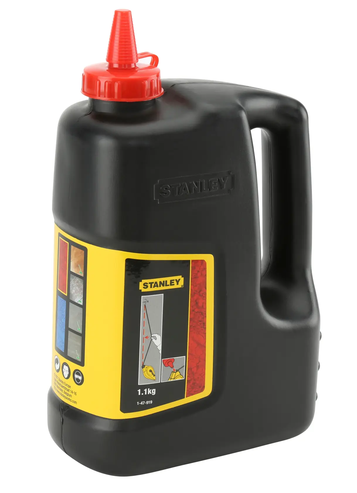 STANLEY 1-47-919 schwarzer Kreidebehälter mit rotem Dosierdeckel, Vorderansicht, Produktetikett sichtbar.