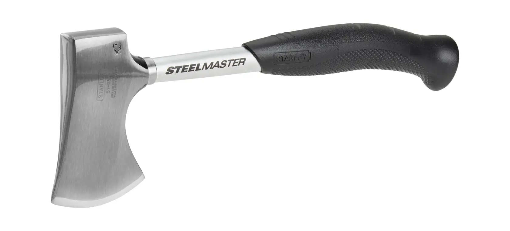 Stanley Steelmaster Axt mit Metallklinge und ergonomischem schwarzem Griff vor weißem Hintergrund.