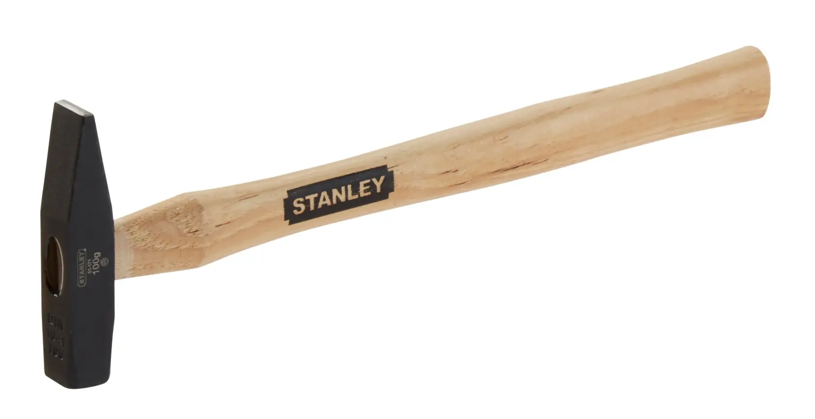 STANLEY 1-51-171 woodworking hammer with wooden handle, side angle, white background.