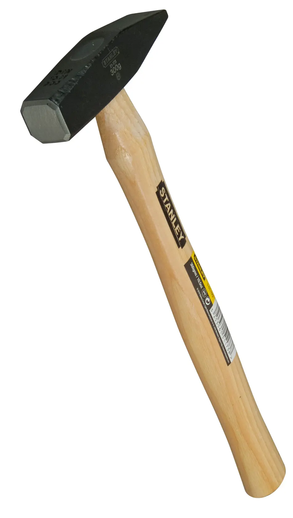 Stanley Hammer mit Holzgriff und Metallkopf vor weißem Hintergrund.