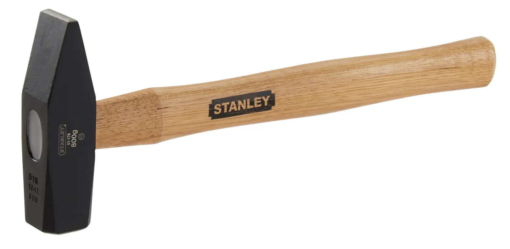 Stanley Hammer mit Holzgriff und schwarzem Metallkopf vor weißem Hintergrund.