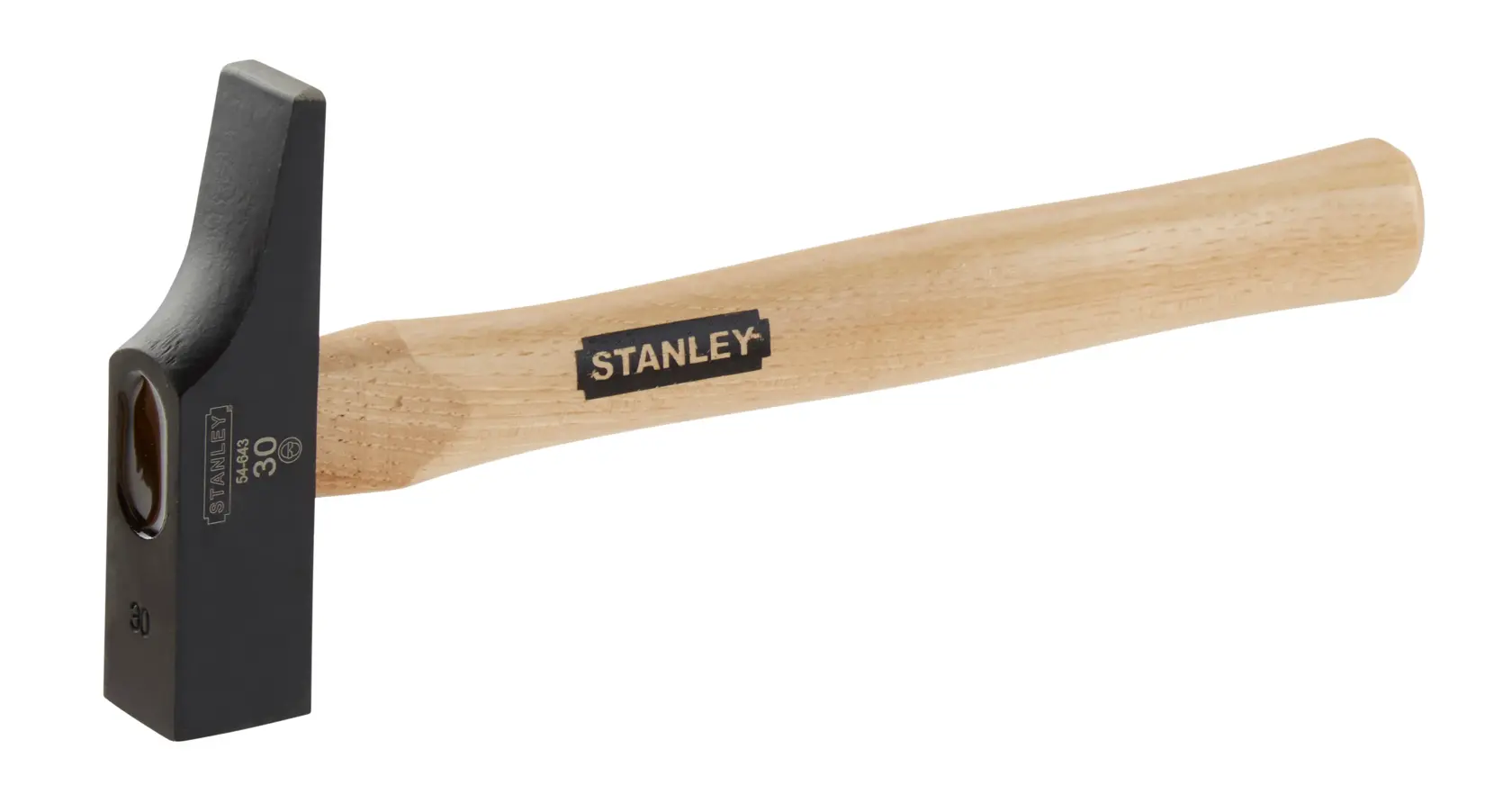 STANLEY 1-54-643 Maurerhammer in Schwarz und Holz, Seitenansicht, Holzgriff, sichtbares Logo.