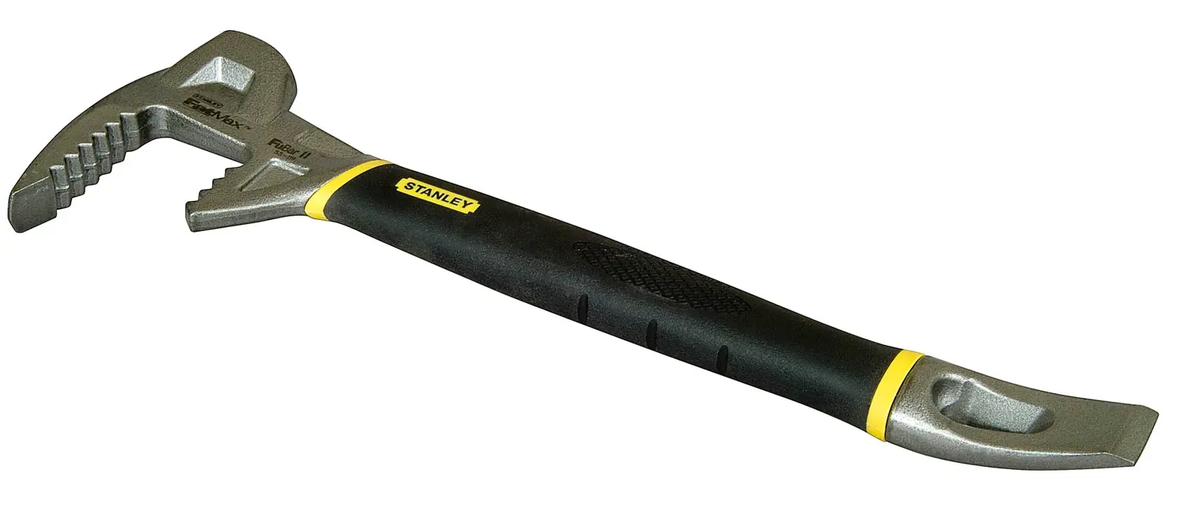 Stanley Werkzeug mit schwarz-gelbem Griff und gebogenen Metallenden zum Hebeln und Demontieren.