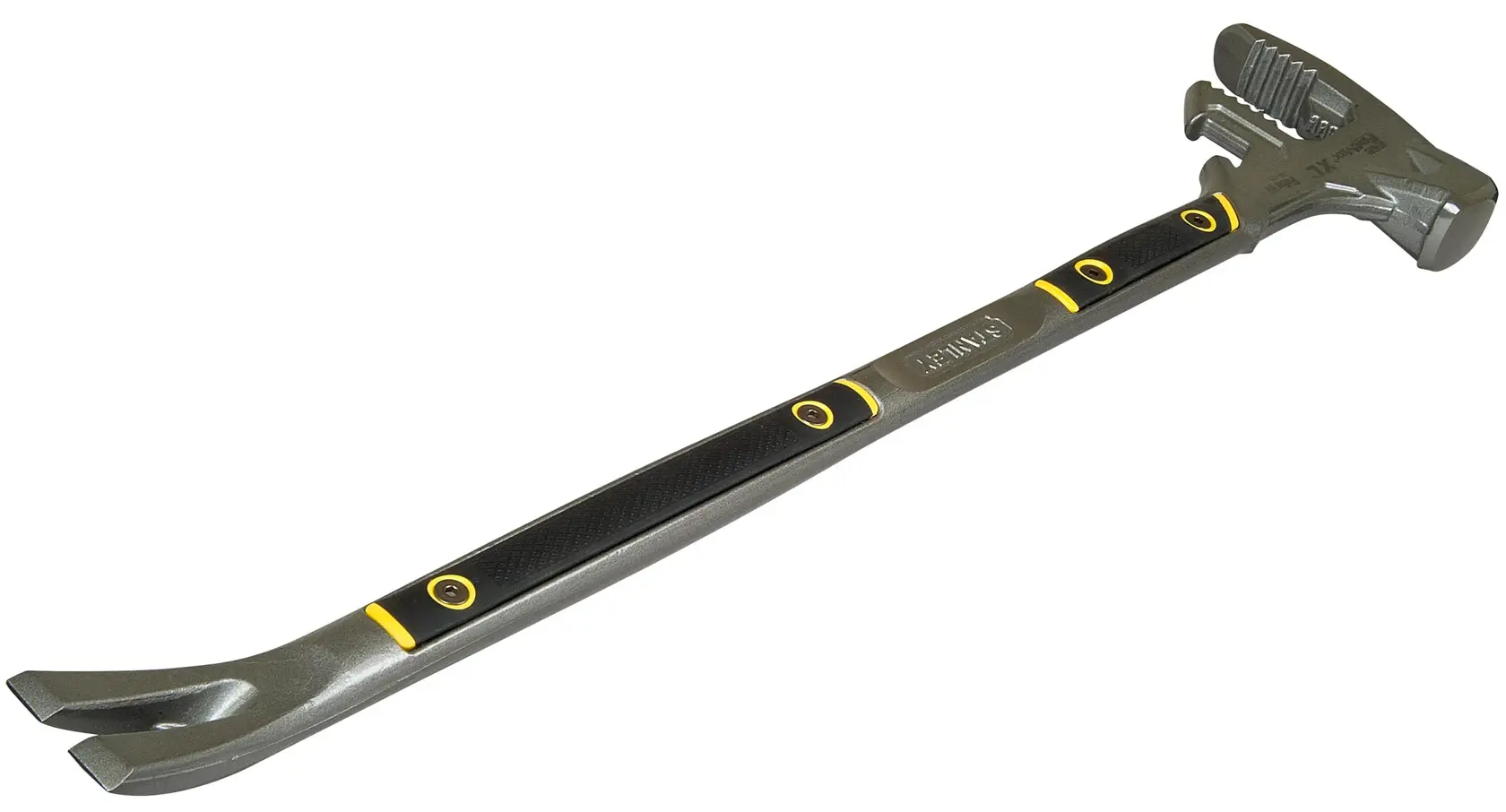 STANLEY 1-55-120 demolition bar with yellow and black grip, photographed at an angle on white background.