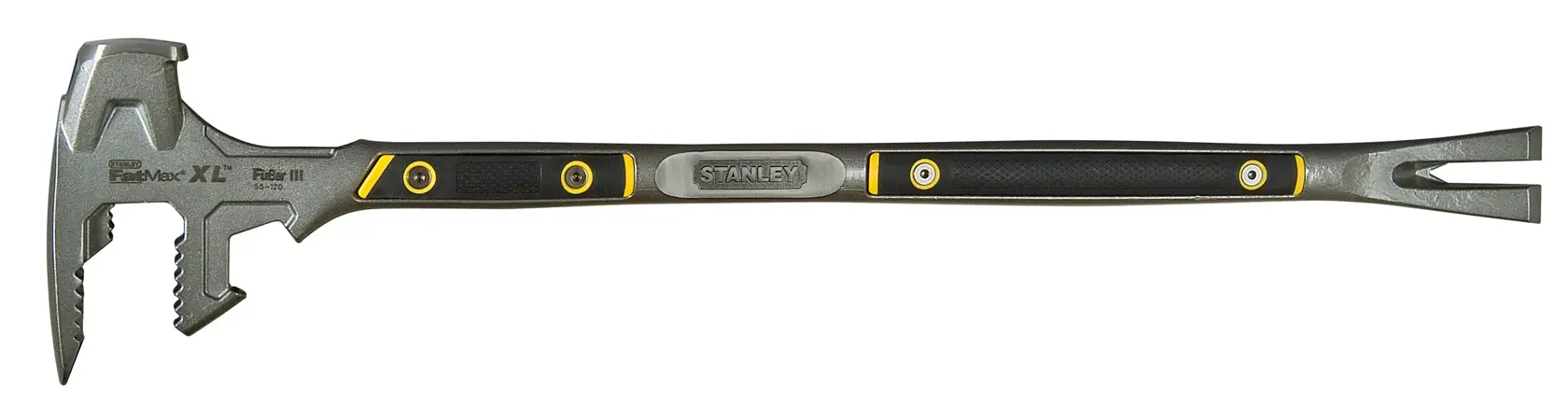 Stanley multi-function demolition tool with a hammer and pry bar, black and yellow handle, model 1-55-120.