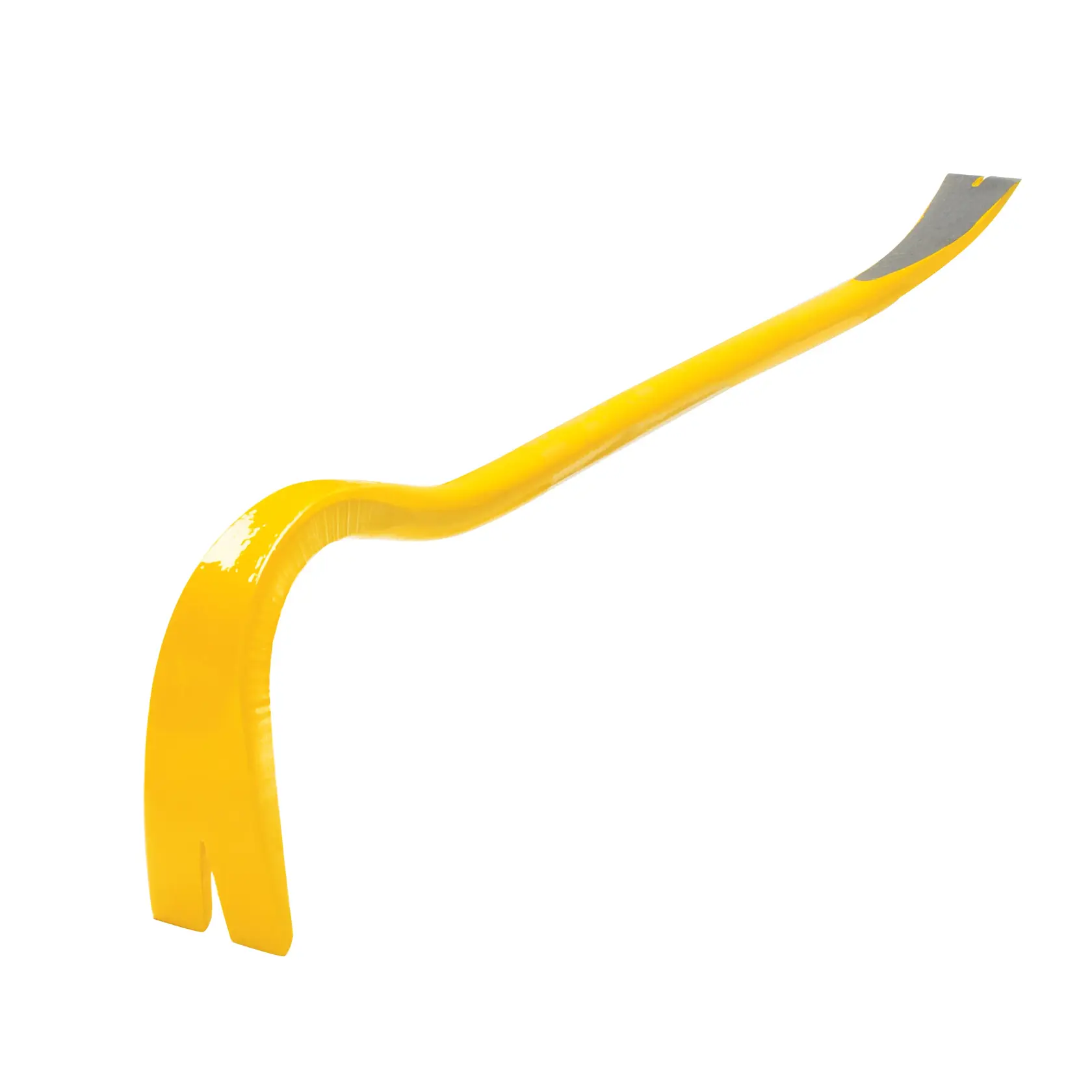 Gelbe Metallbrechstange mit gebogenem Ende und flacher Spitze, freigestellt auf Weiß.