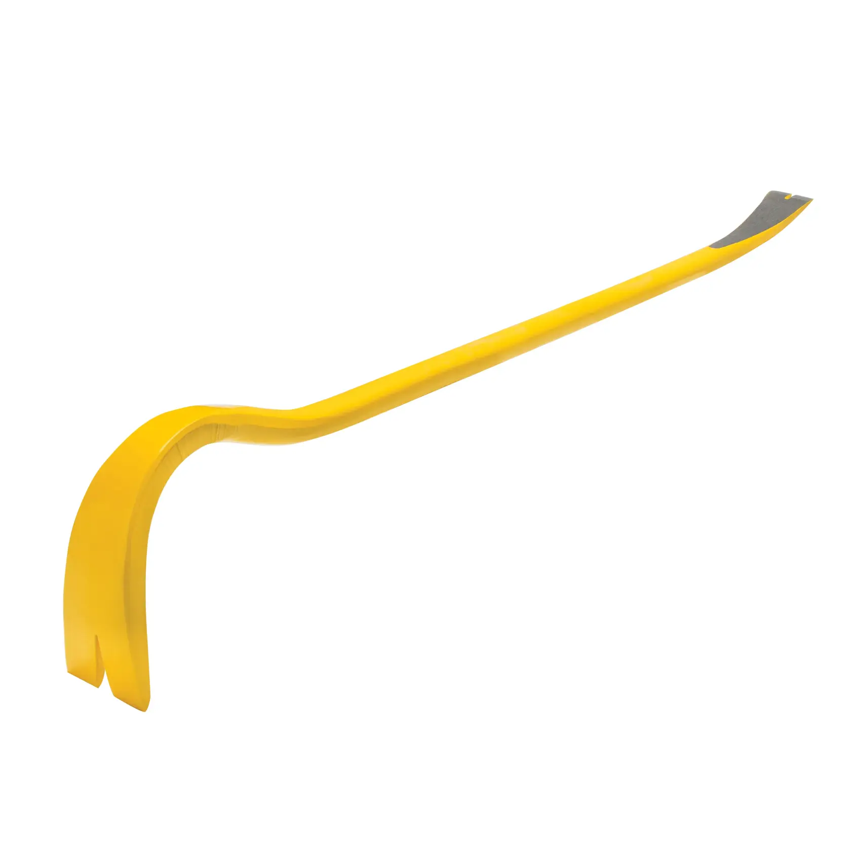 Yellow steel crowbar with curved and flat ends, used for prying and demolition tasks on construction sites.