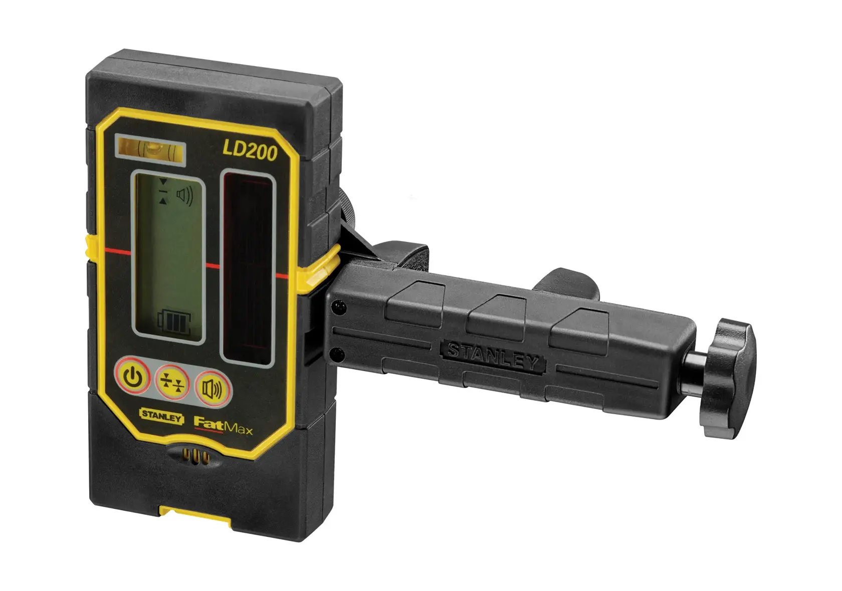 Stanley LD200 Laserempfänger mit Display und Klemme für präzises Nivellieren in Bau und Fotografie.
