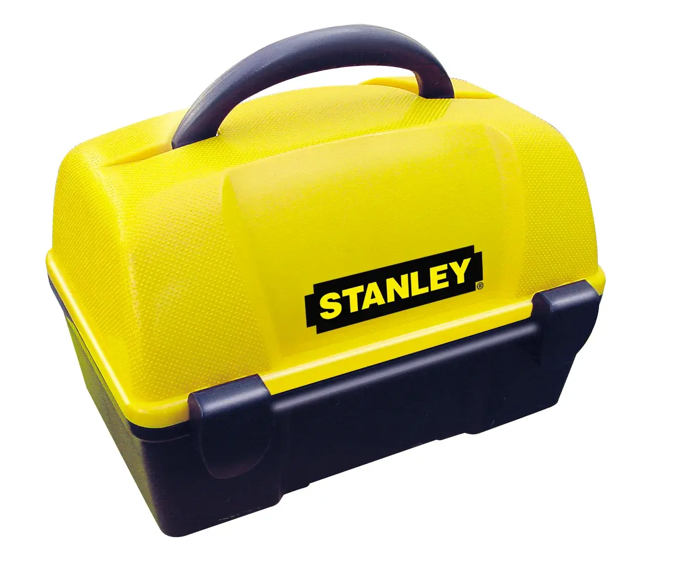 STANLEY 1-77-160 gelb-schwarzer Hartkunststoff-Werkzeugkasten mit Griff, Frontansicht auf weißem Hintergrund.