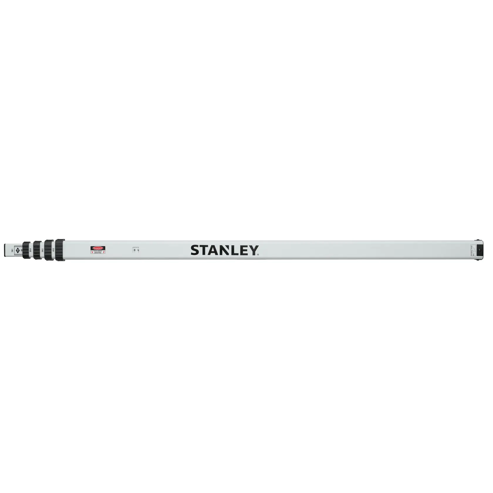 STANLEY 1-77-161 Nivellierlatte in der Kategorie Fotografie, weiße Stange mit schwarzen Markierungen, Seitenansicht.