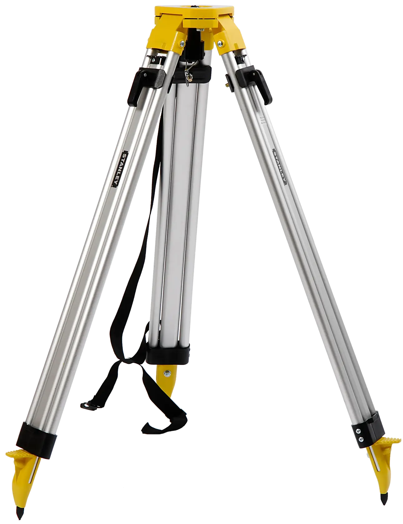 Stanley Aluminium-Stativ mit drei Beinen, gelben Details und Gurt für Foto- oder Vermessungsgeräte.