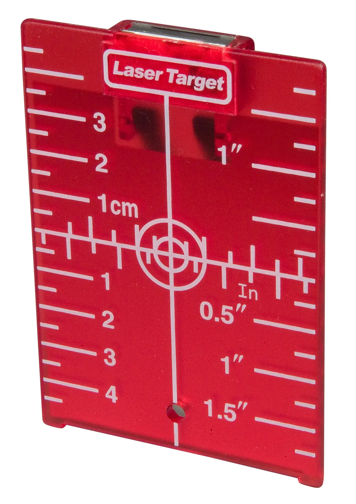 Rotes STANLEY Laserziel mit cm- und Zoll-Markierungen zum Ausrichten von Lasern.