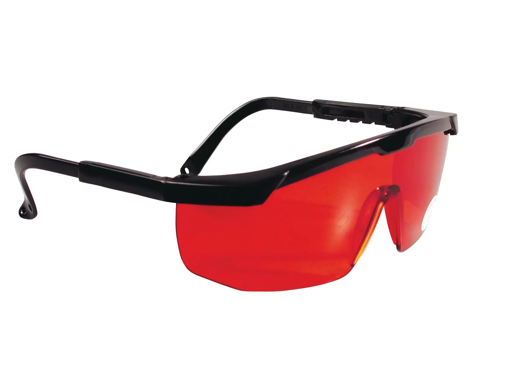 STANLEY 1-77-171 Schutzbrille mit schwarzem Rahmen und rotem Glas, Seitenansicht auf weißem Hintergrund.