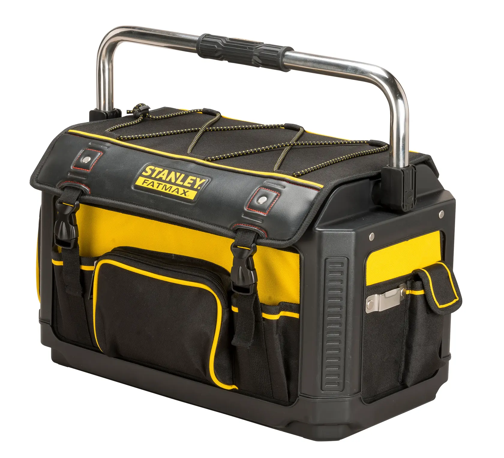 STANLEY 1-79-213 Werkzeugtasche mit Hartboden, gelb und schwarz, Vorderansicht auf weißem Hintergrund.
