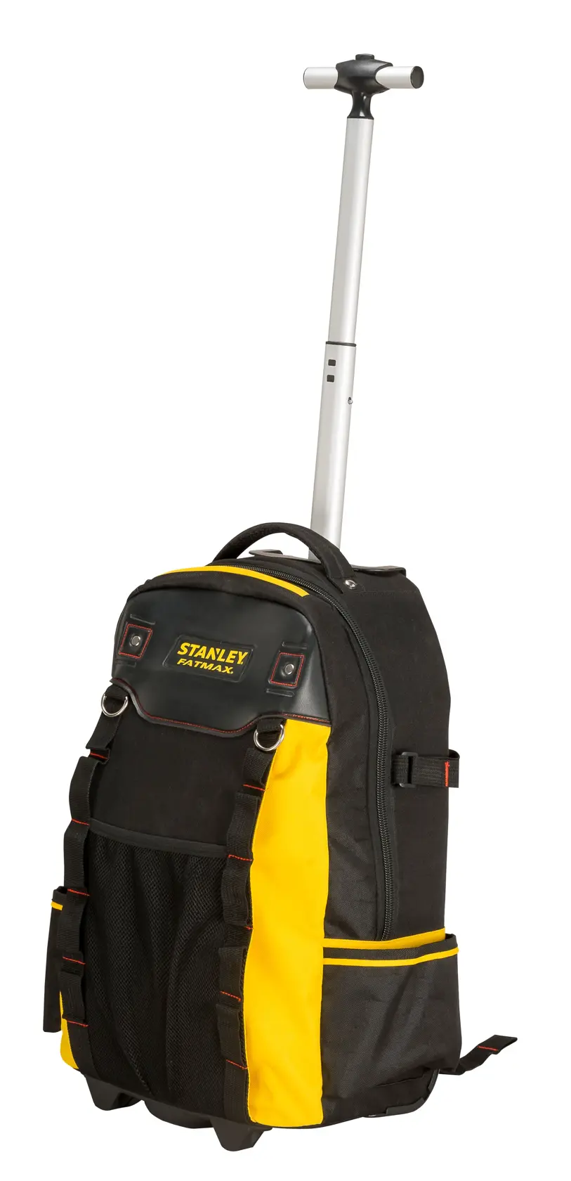 Stanley Werkzeug-Rucksack in Schwarz-Gelb mit Rollen, ausziehbarem Griff, Fronttaschen und robustem Material.