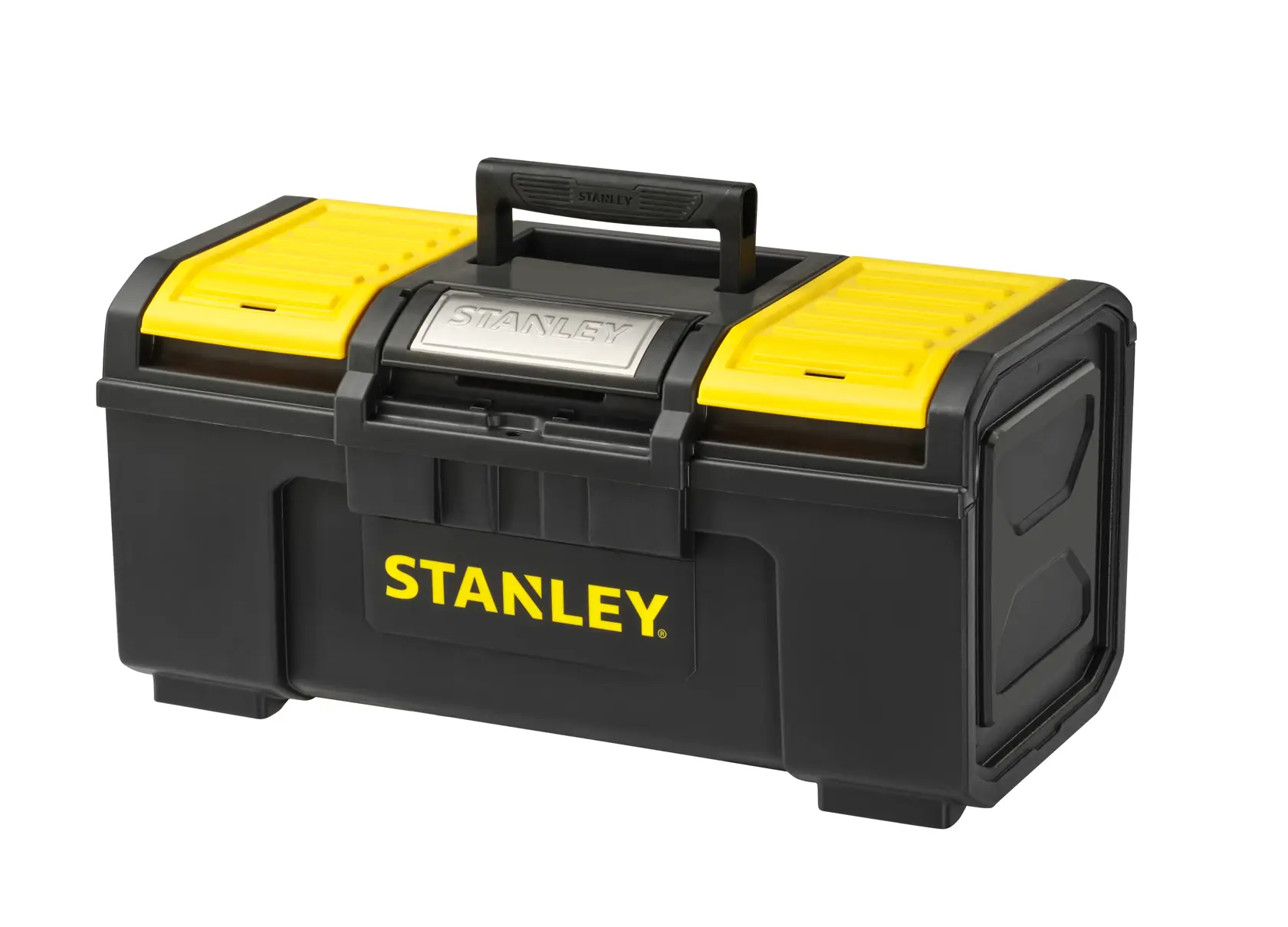 STANLEY 1-79-217 schwarze und gelbe Kunststoff-Werkzeugbox mit Metallverschluss, Vorderansicht, weißer Hintergrund.