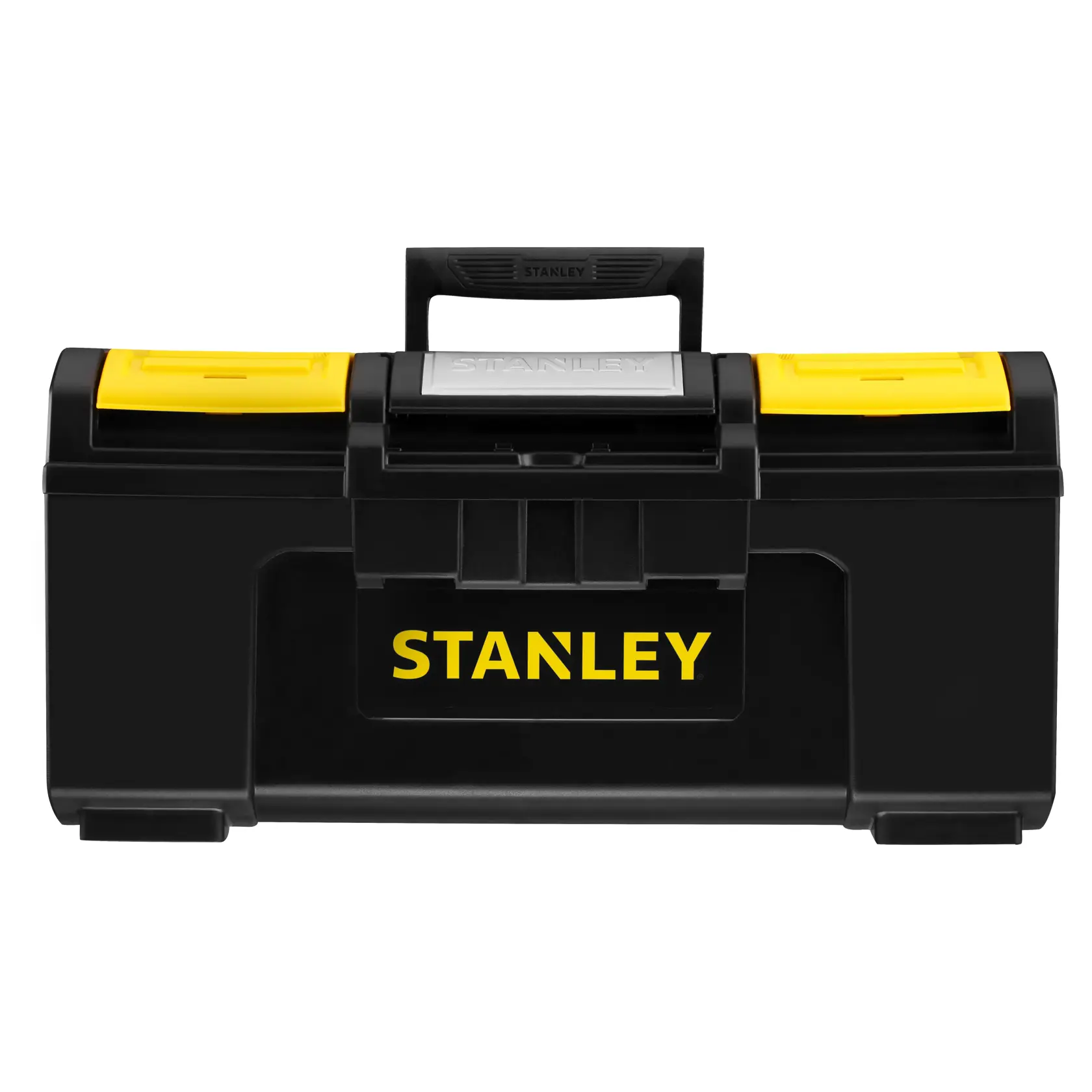 STANLEY 1-79-217 schwarzer Werkzeugkasten mit gelben Verschlüssen und Griff, Frontansicht auf weißem Hintergrund.