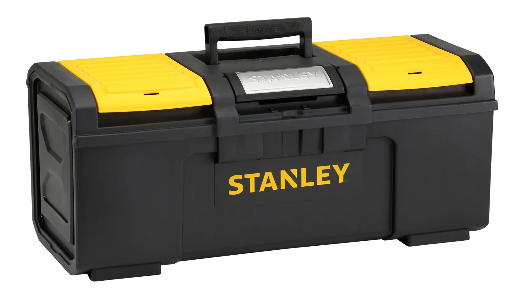 Stanley Werkzeugkasten in Schwarz-Gelb mit Griff, sicherem Verschluss und Logo vorne.