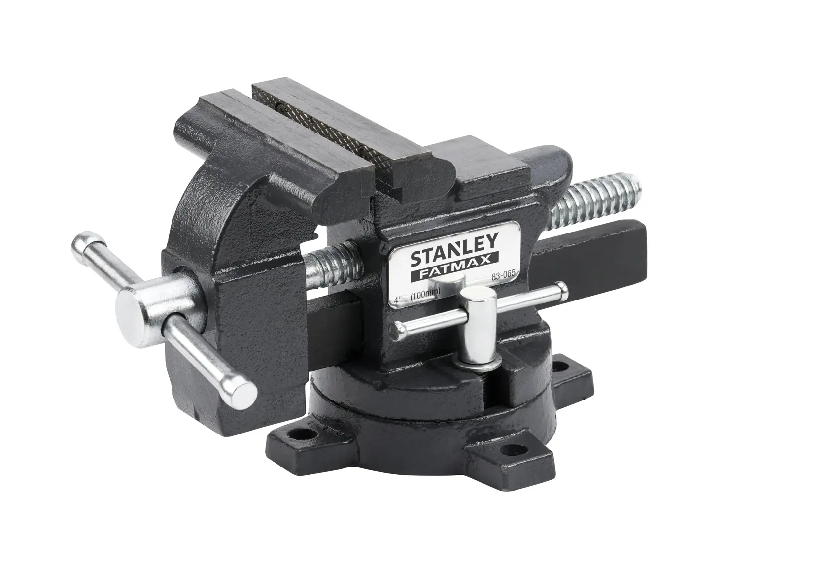 STANLEY 1-83-065 Schraubstock aus Stahl, schwarz, Vorderansicht auf weißem Hintergrund.