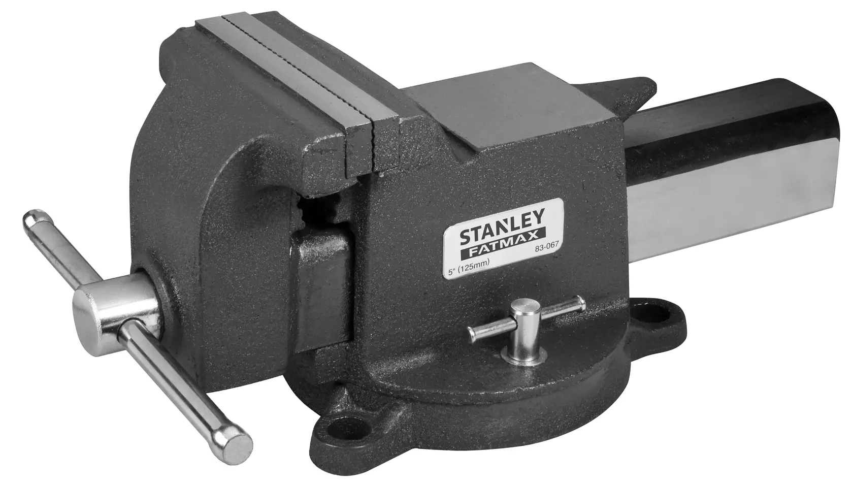 STANLEY Schraubstock, Fotografie, schwarzes Metall, SKUs 83-067, 1-83-067, Seitenansicht, FATMAX Label.