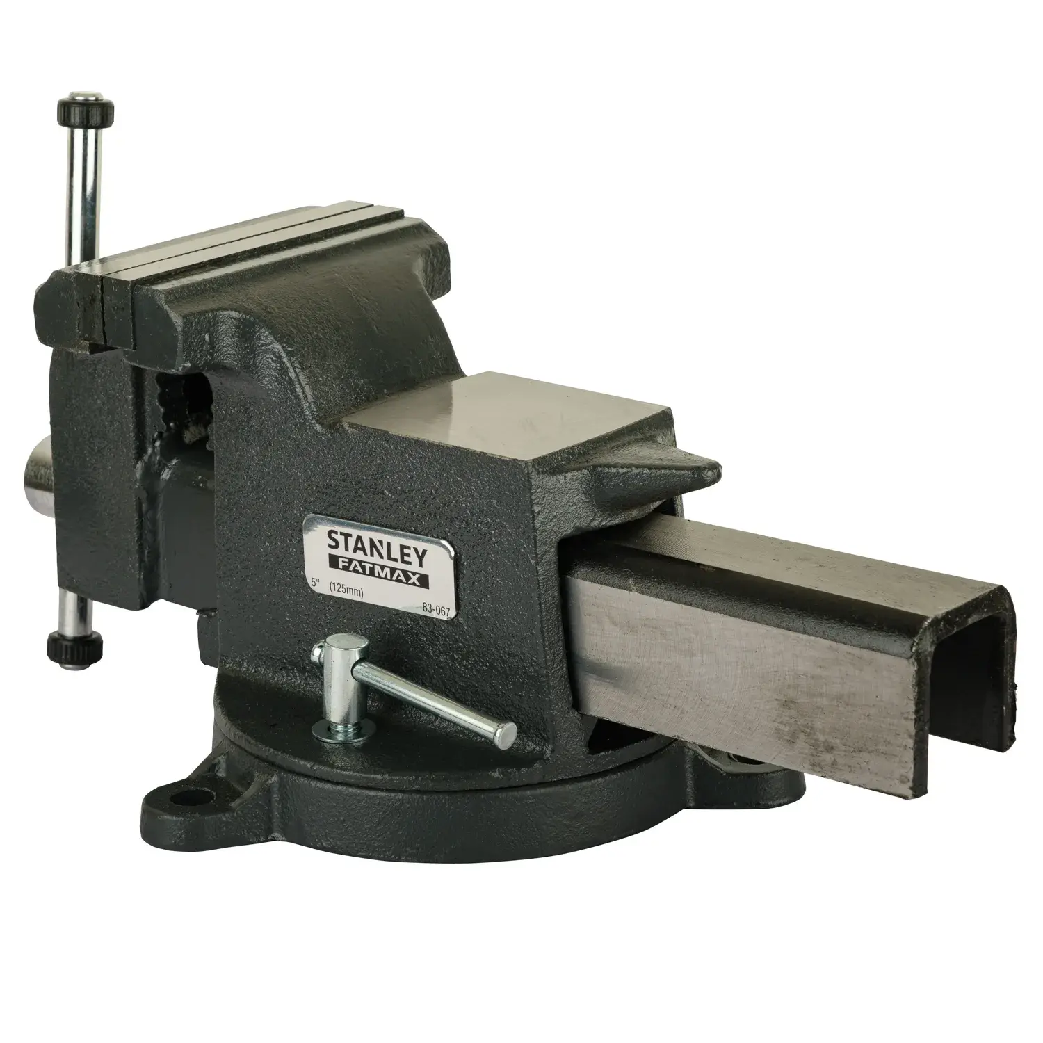 STANLEY Schraubstock, SKUs 83-067 und 1-83-067, schwarz, Seitenansicht, weißer Hintergrund, Fotografie.