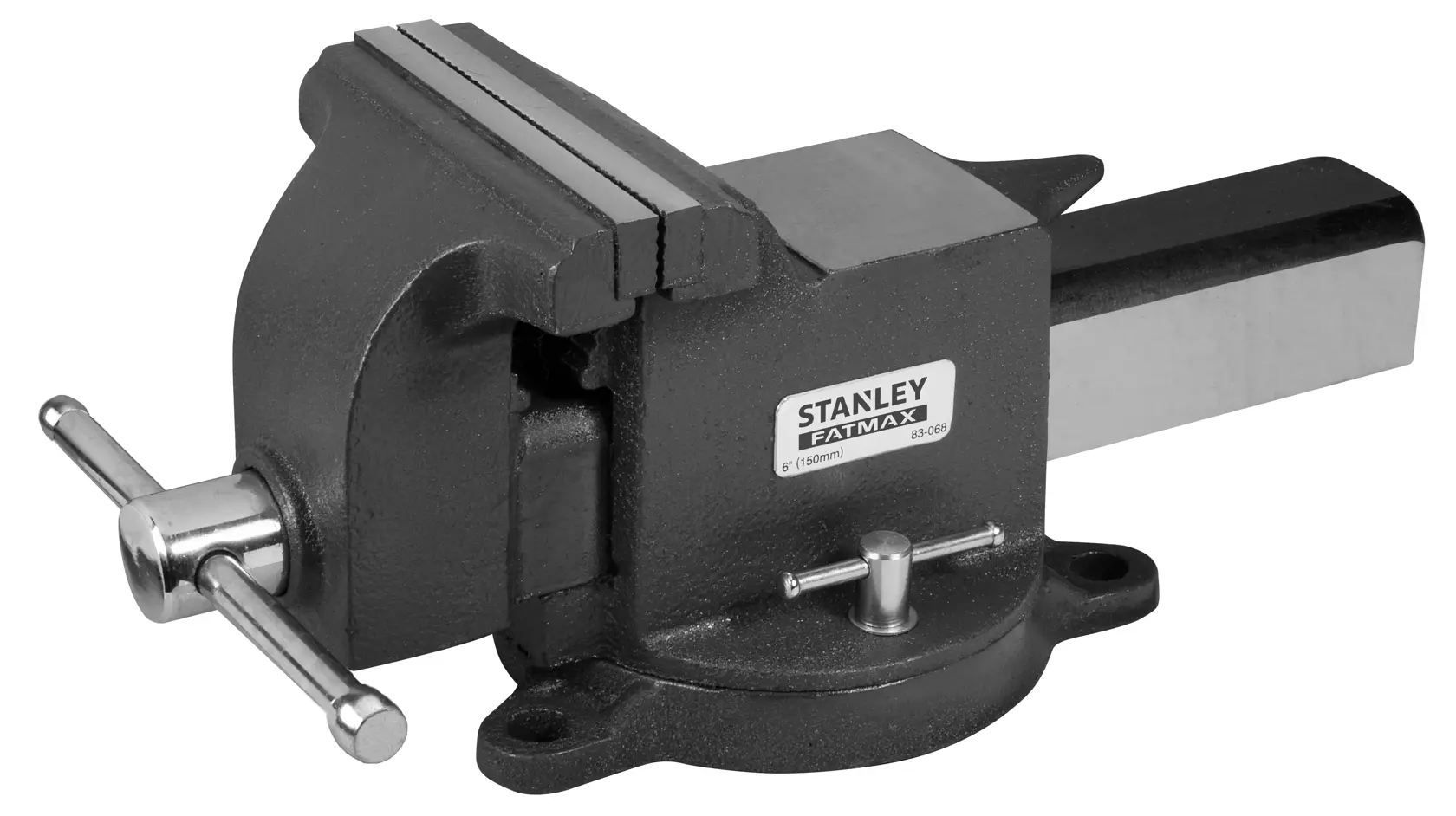 STANLEY Schraubstock, Fotografie, SKUs 1-83-068, 83-068, schwarzer Stahl, Seitenansicht auf weißem Hintergrund.