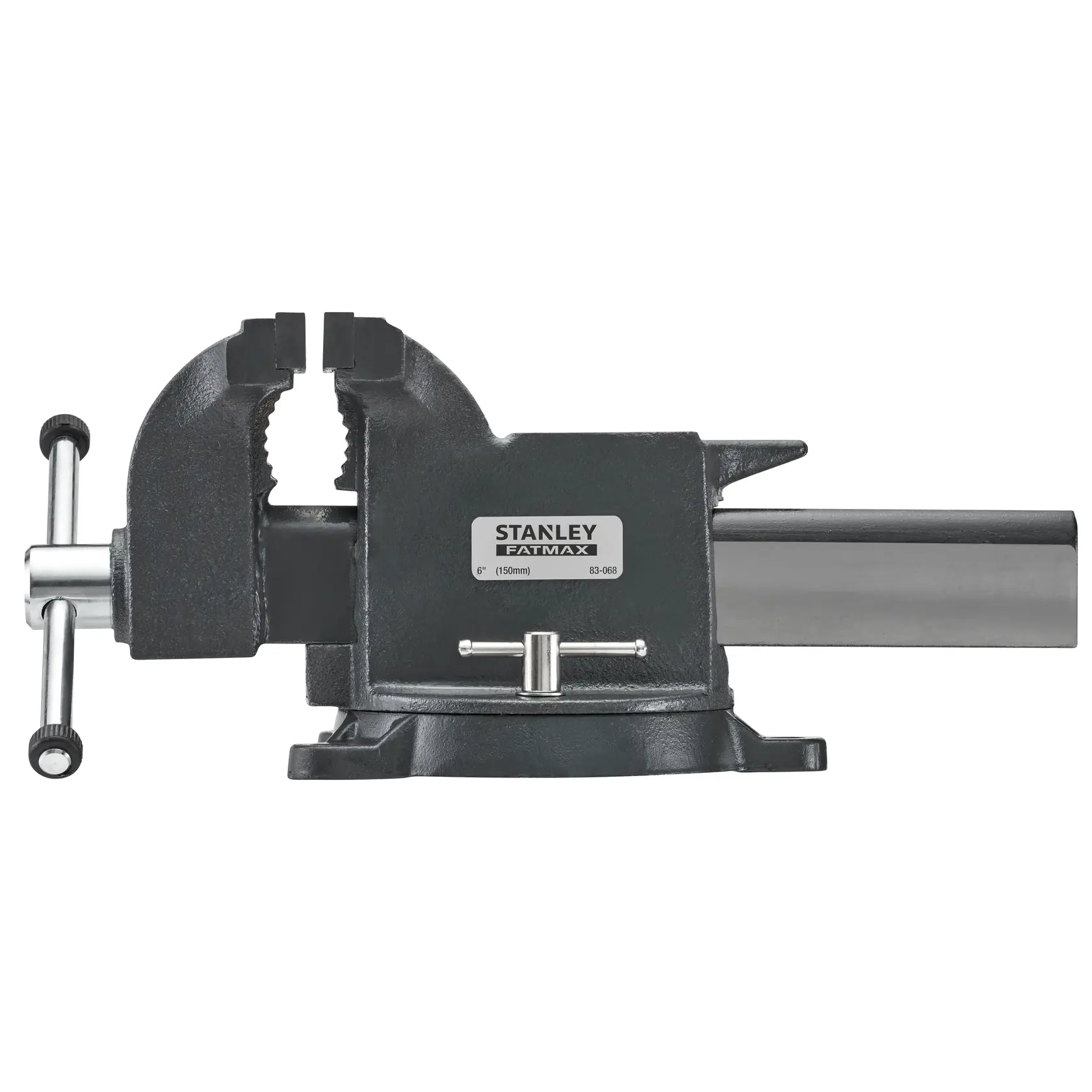 STANLEY Schraubstock Seitenansicht, schwarzes Metall, Fotografie, SKUs 1-83-068, 83-068 auf Weiß.