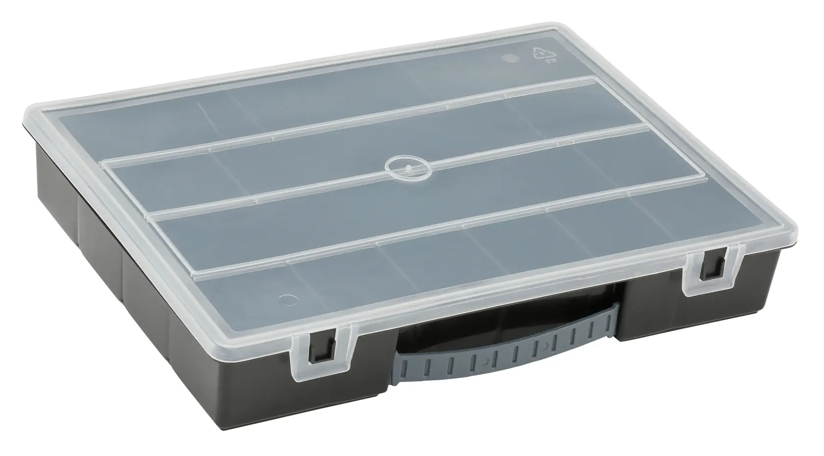 STANLEY 1-92-761 Organizerbox mit transparentem Deckel und schwarzem Boden, schräg auf weißem Hintergrund fotografiert.