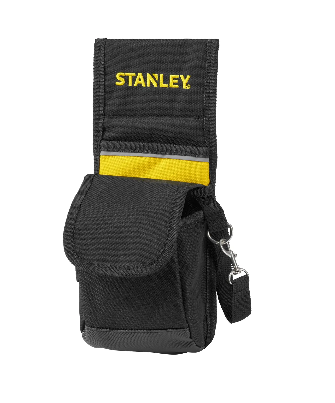 Foto der schwarzen und gelben Werkzeugtasche STANLEY 1-93-329, Frontansicht, mit Klappdeckel und Metallclip.