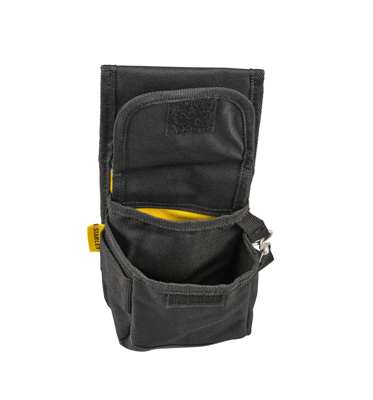STANLEY 1-93-329 Werkzeugtasche aus schwarzem Stoff mit offenem Deckel, gelbem Innenraum, Front- und Seitentaschen, weißer Hintergrund.