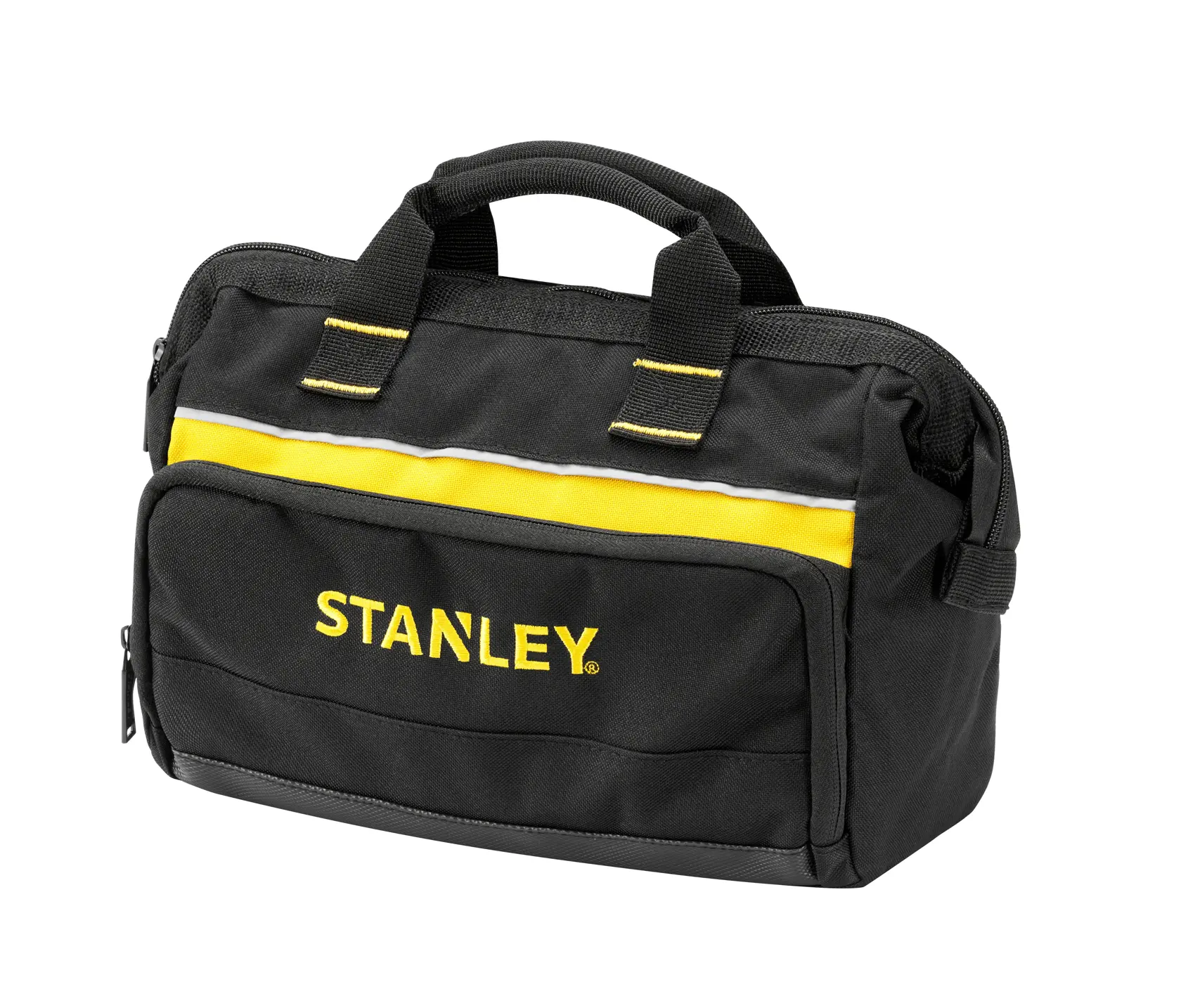 STANLEY 1-93-330 Werkzeugtasche, schwarzer Stoff mit gelbem Streifen, Vorderansicht auf weißem Hintergrund.