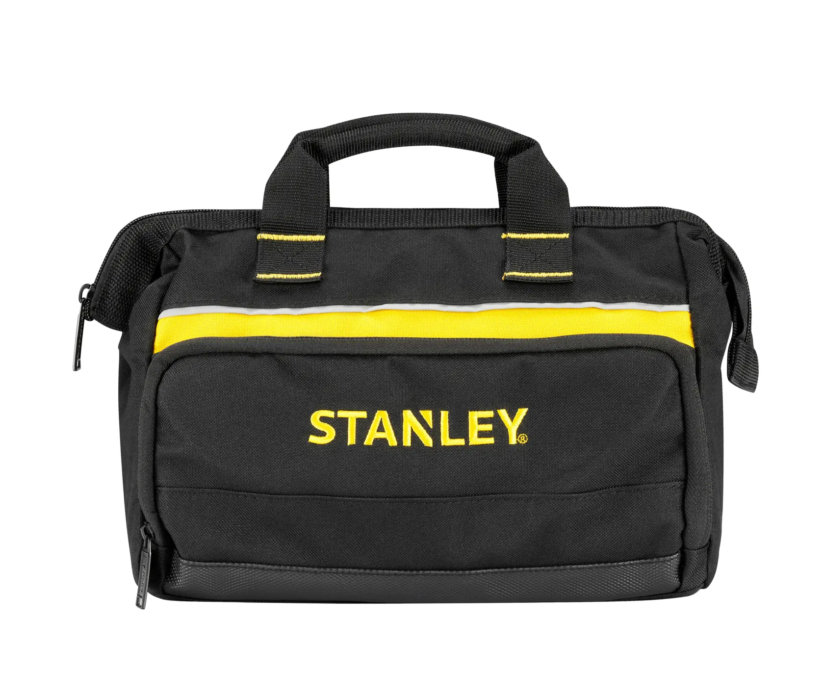 STANLEY 1-93-330 Werkzeugtasche, schwarzer Stoff mit gelbem Streifen, Frontansicht auf weißem Hintergrund.