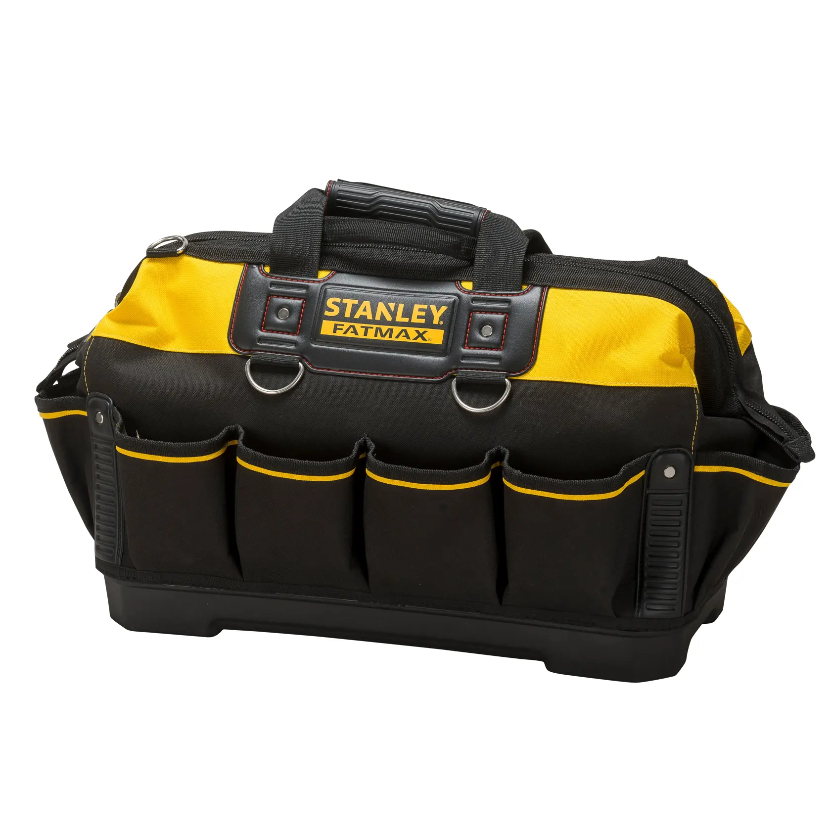 Stanley Fatmax Werkzeugtasche in Schwarz und Gelb mit mehreren Fronttaschen und stabilem Griff.