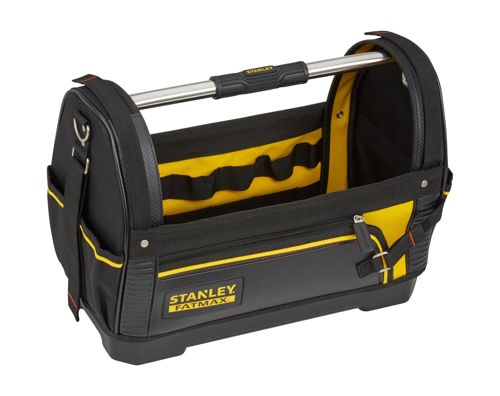 Offene schwarze und gelbe Werkzeugtasche mit Metallgriff und mehreren Fächern zur Organisation.