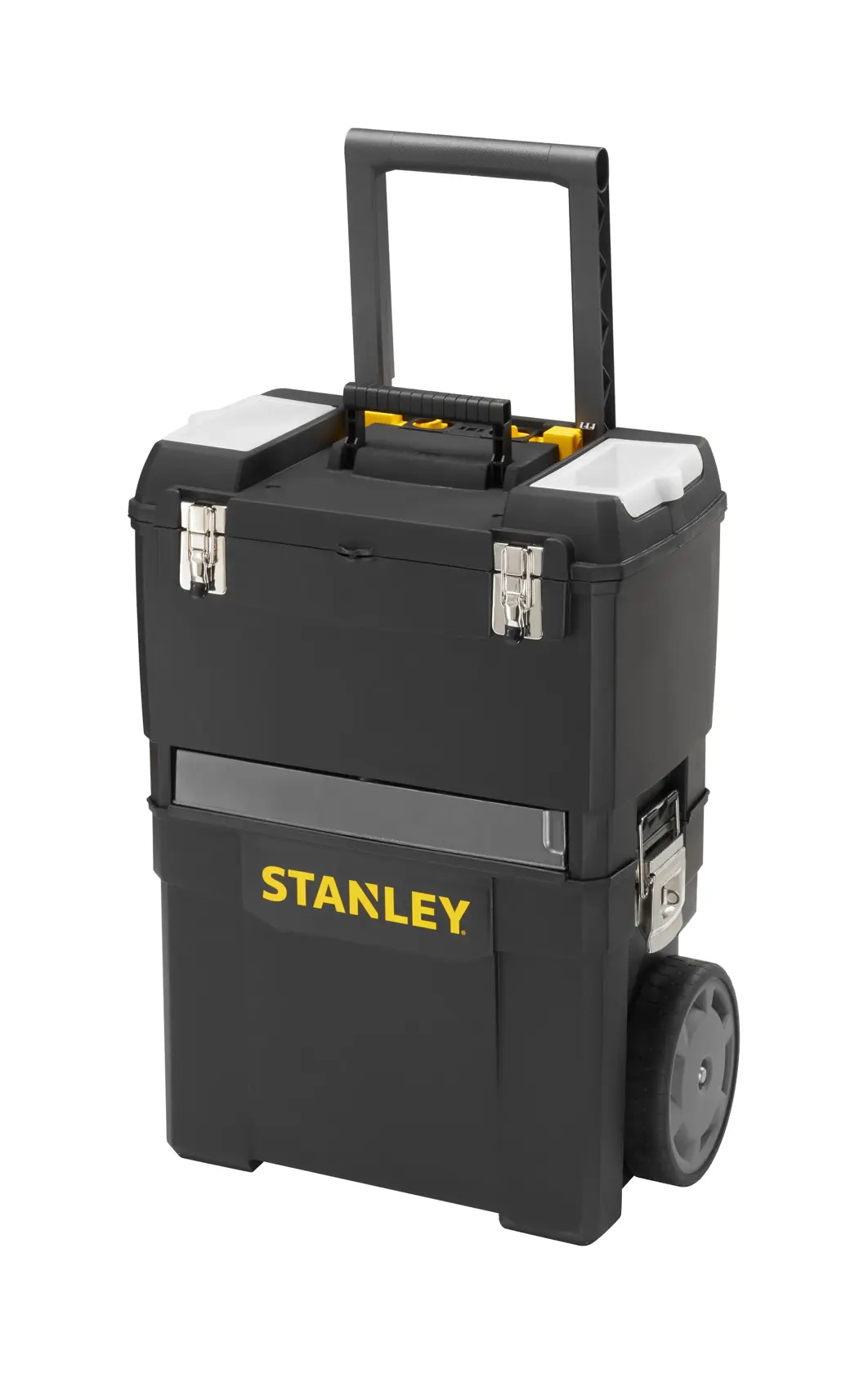 STANLEY 1-93-968 rollende Werkzeugbox mit Teleskopgriff, schwarz mit gelbem Logo, weißer Hintergrund, Vorderansicht.