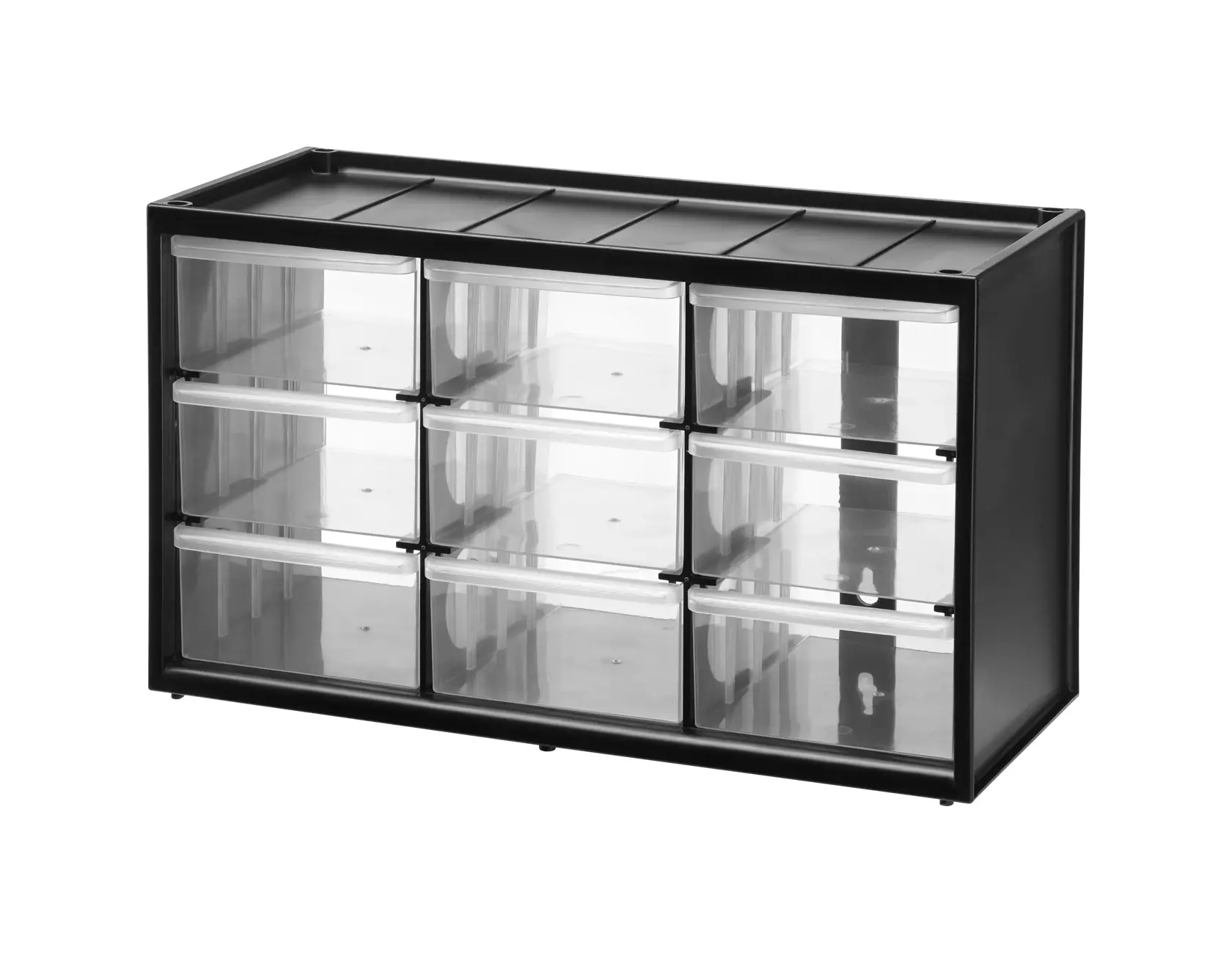 STANLEY 1-93-978 Schubladenorganizer mit verschiedenen Befestigungen, von vorne auf der Werkbank.